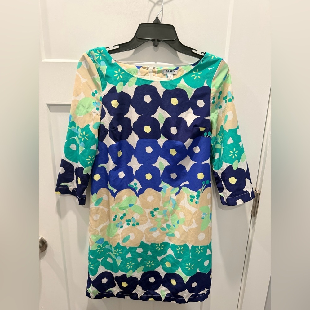 Old Navy Floral Shift Dress XS Blue Green 3/4 Sleeve Spring Summer